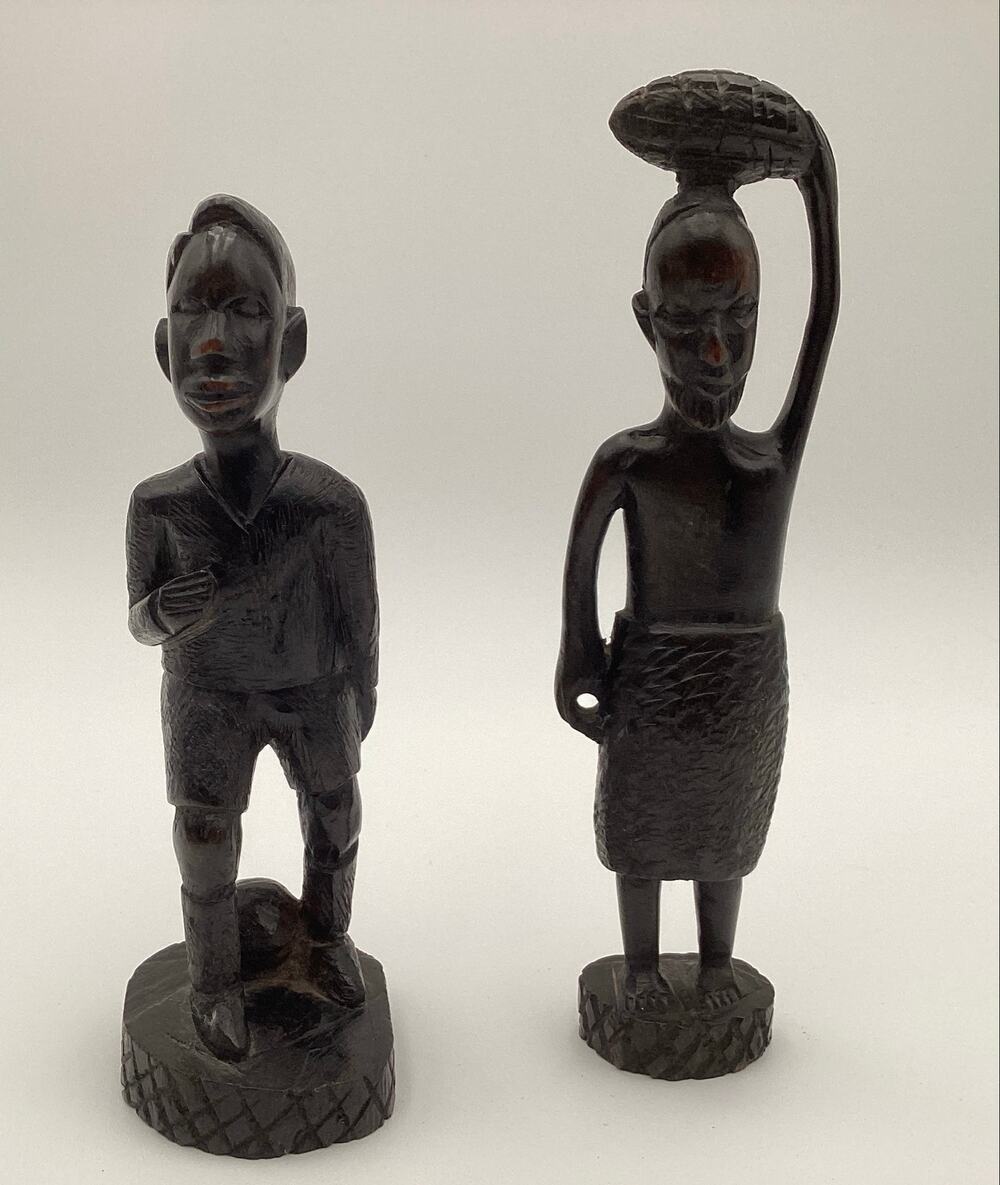 Vntg African Hand Carved Ebony Wood Figures Set Soccer Player‎ & Water Bearer